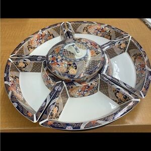Imari Style ROSE 6 PIECE Server‎ 15 1/4" WIDE COBALT BLUE & RUST ORANGE